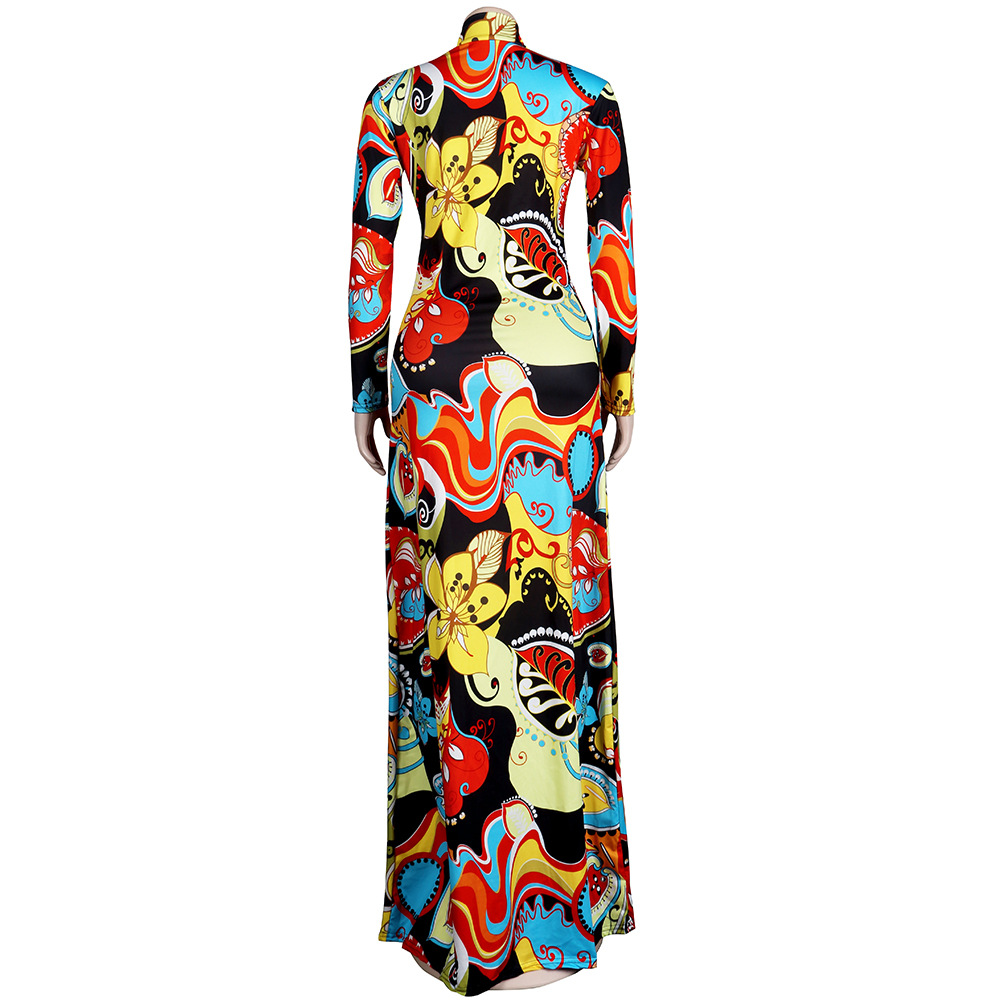 Regular Zipper Slim Stand Collar Printing Full Sleeve Swing FloorLength Maxi Dress