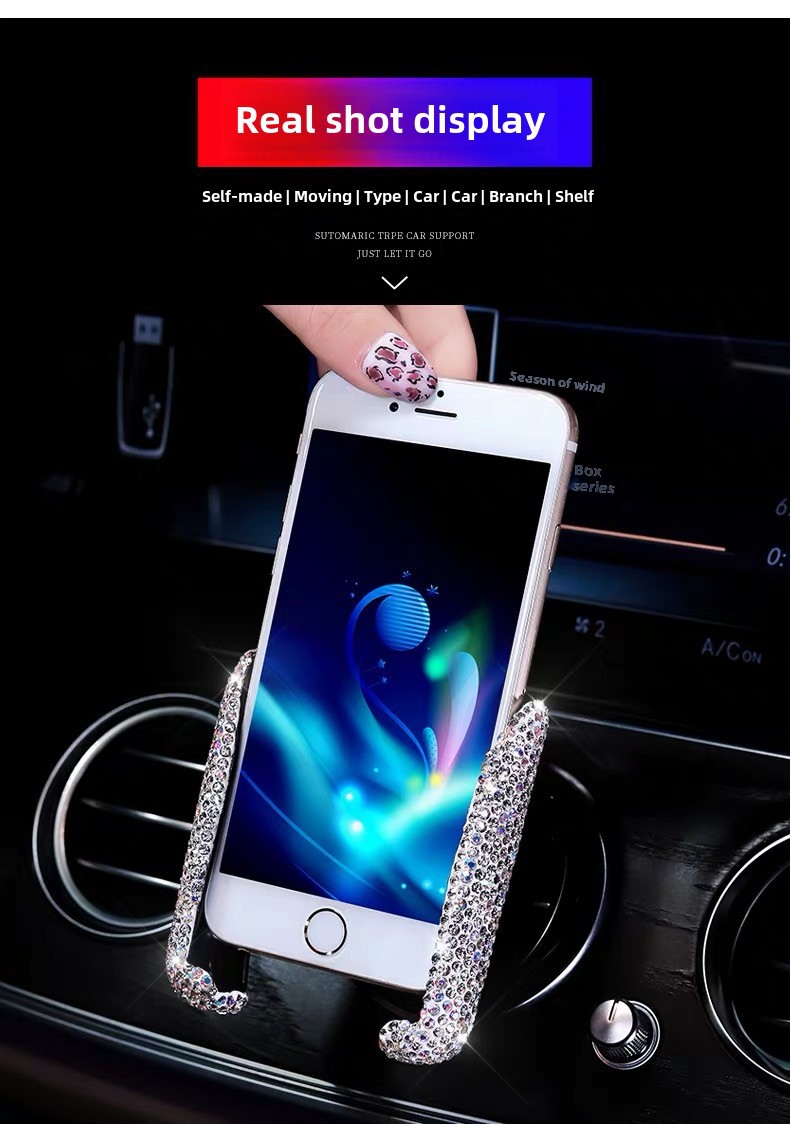 Grenzüberschreitende Auto-Handyhalterung mit Diamant-Einbettung, Navigationsrahmen, Luftauslasssitz mit doppeltem Verwendungszweck, Schwerkraft-Handyhalterung, weibliche Halterung_voghion.com