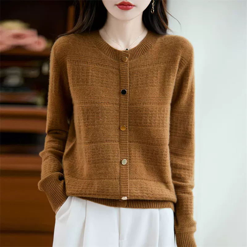 2025秋冬新款100%羊毛圆领镂空针织假开衫女宽松显瘦韩版打底衫代