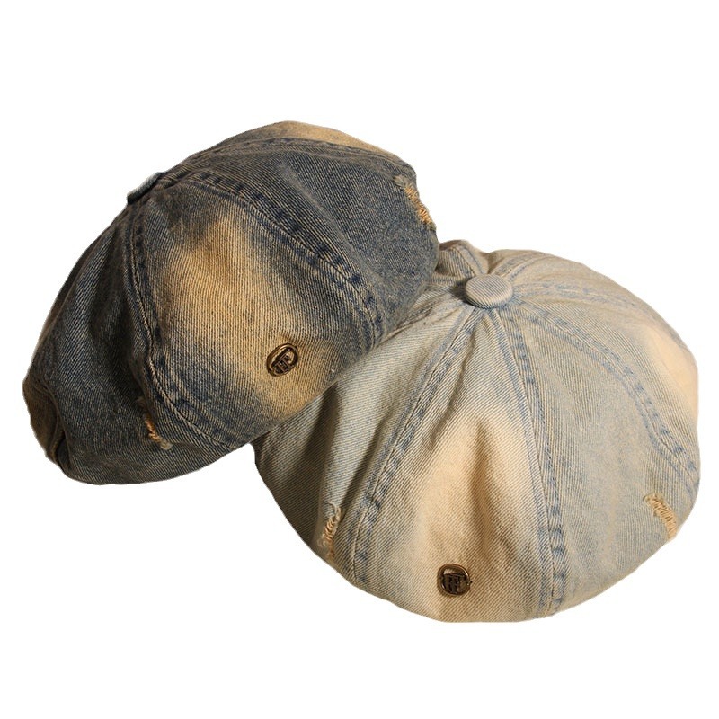 Hacer viejos agujeros agujeros sombrero de ocho ángulos mujer boina vaquero lavado primavera y verano red sombrero de nube retro muestra la cara pequeño sombrero pintor