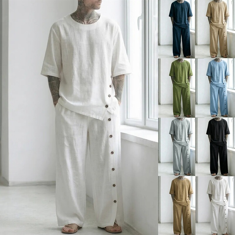 Cross-Border European and American Style Men's Linen Irregular Hem Long Pants Set Casual Button-Up Short-Sleeve Shirt Loose Two-Piece Set