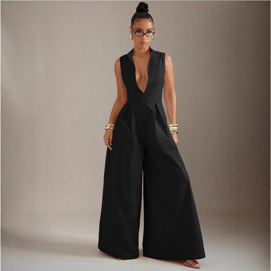 High Waisted Women's Sleeveless Zipper Dress Solid Color Fashionable Slim Fit Commuter Pants_ecoleips.com