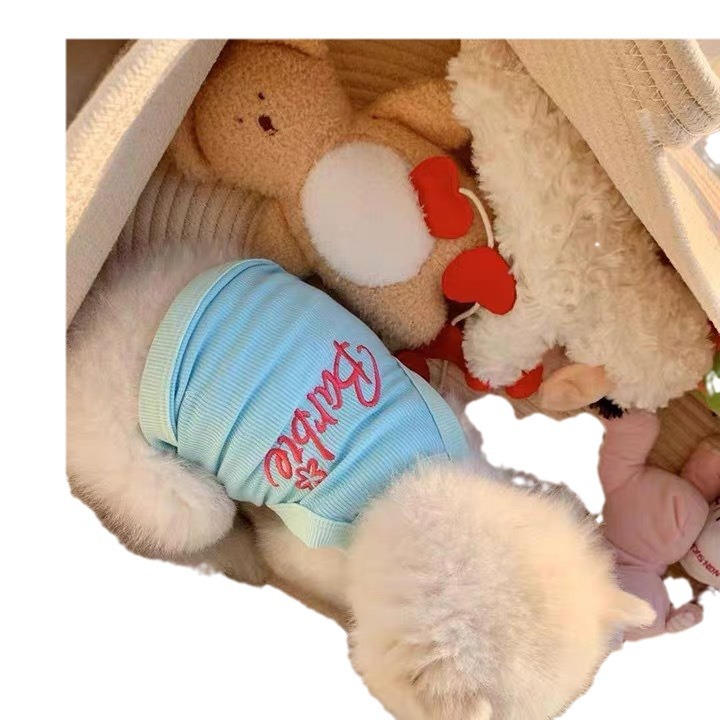애완 동물 바비 스트랩 고양이 옷 봄과 여름 안티 헤어 귀여운 콘트라스트 컬러 아이스 조끼 골드 그라디언트 독일 개