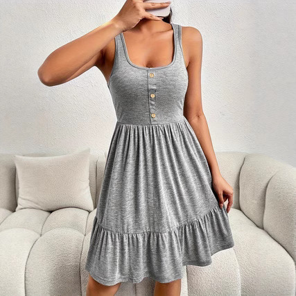 Amazon Sundress Summer Beach Sleeveless Spaghetti Strap Dress Button Pleated Elegant Pleated Dress