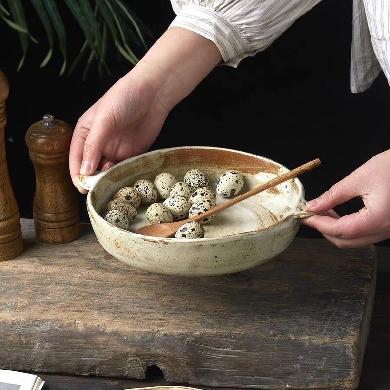 Japanese-Style Retro Coarse Pottery Bowl and Plate Set, Jingdezhen Household Light Luxury High-End Dinner Bowls, Dish Plates, Salad Plates