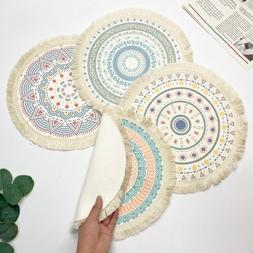 Bohemian cotton line table mat, Nordic fabric woven round mat, home kitchen heat insulation and anti-scald mat, tassel table and cup mat