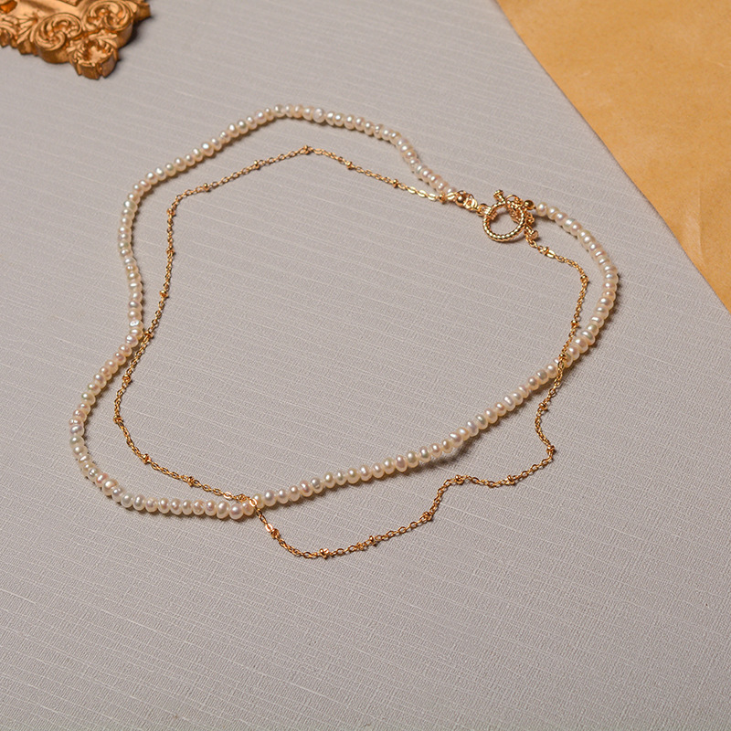 细小天然淡水珍珠锁骨链双层叠戴高级感14k注金麻花