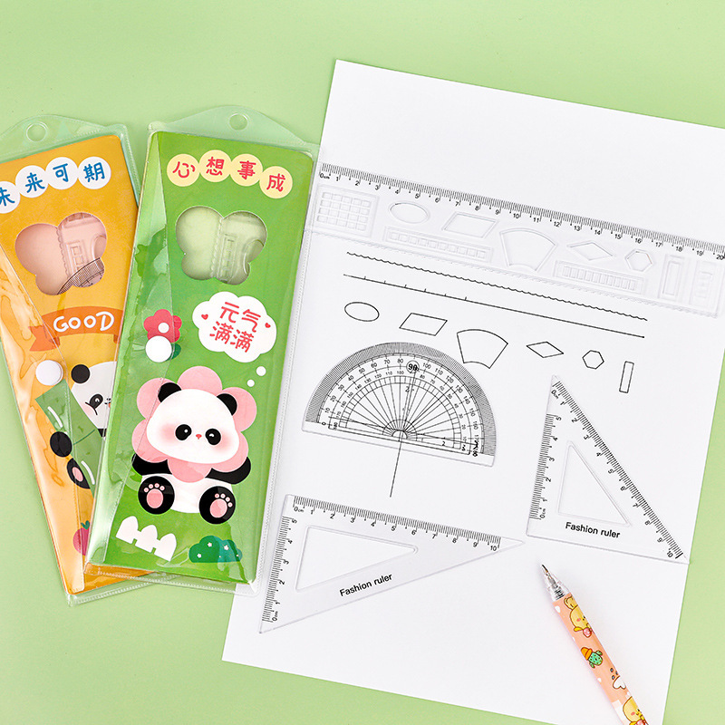 Panda juego de reglas para estudiantes, cuatro piezas para estudiantes de secundaria primaria y secundaria, reglas para niños de primer y segundo grado.