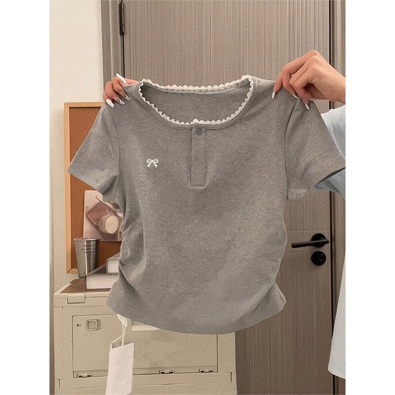 Unique and Distinctive Gray Lace Round-Neck Spicy Girl Top with Waist-Cinching Bow Short-Sleeve Women's Regular Shoulder T-Shirt for Summer