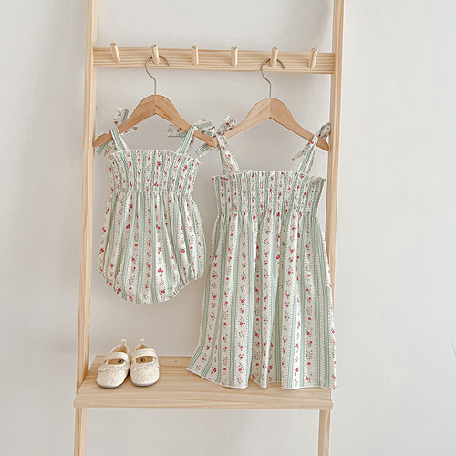 Floral Print Girls' Summer Dress Sister Set Korean Style Butterfly Strap Princess Dress Baby Girl Bodysuit T-shirt