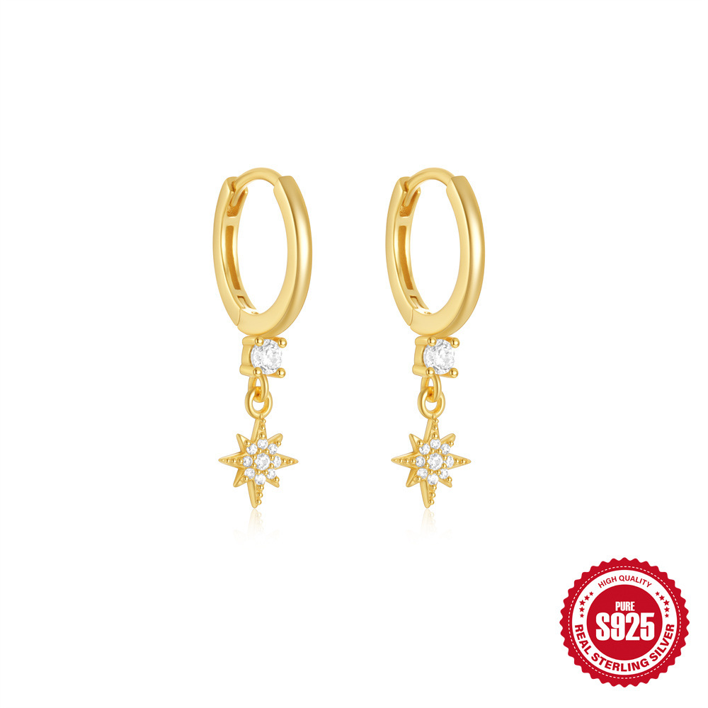 Pendientes de copo de nieve de estrella de ocho puntas de circón simple y moderno de plata de ley s925