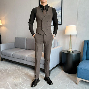 Men's Fashion Slim-Fit V-Neck Double-Breasted Business Casual Vest Suit with Hidden Stripes for Export, in Stock