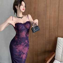 新款紫色印花吊带连衣裙  女夏季旗袍御姐蕾丝裙性感收腰包臀长裙