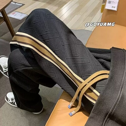 Side-striped pants, Instagram-style trendy brand wide-leg casual pants, mid-to-low waist straight-leg slightly stretchy loose-fit for teenagers, with embroidered logo.
