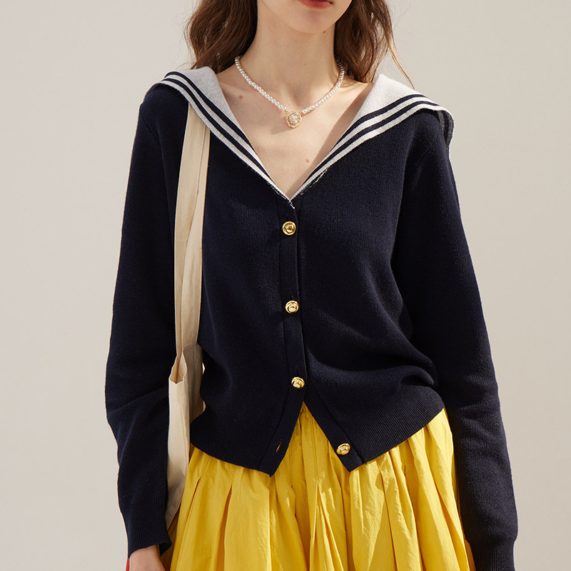French Navy Style Spring Skin-Friendly Wool Blend Slim Fit Navy Blue V-Neck Knit Sweater for Women
