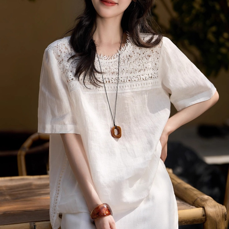 One Dream Fusheng Heavy Industry Lace Retro Artistic Elegant Loose Short Sleeve Round Neck Shirt Women's Top 2025 Xia Xin