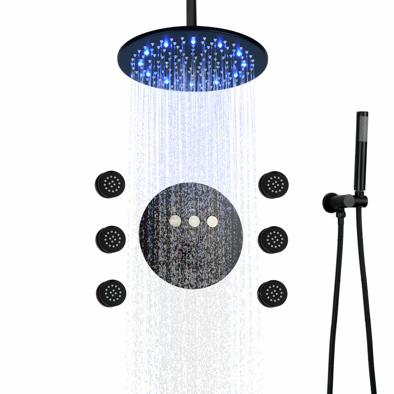 Bathroom constant temperature round black concealed ceiling faucet shower suit LED three-color temperature change