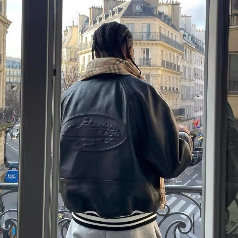 Corteiz AC Milan Varsity Jacket Leather Black