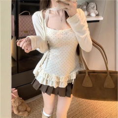 杏色开衫蕾丝波点荷叶边长袖背心吊带女2025早秋新款内搭两件套装