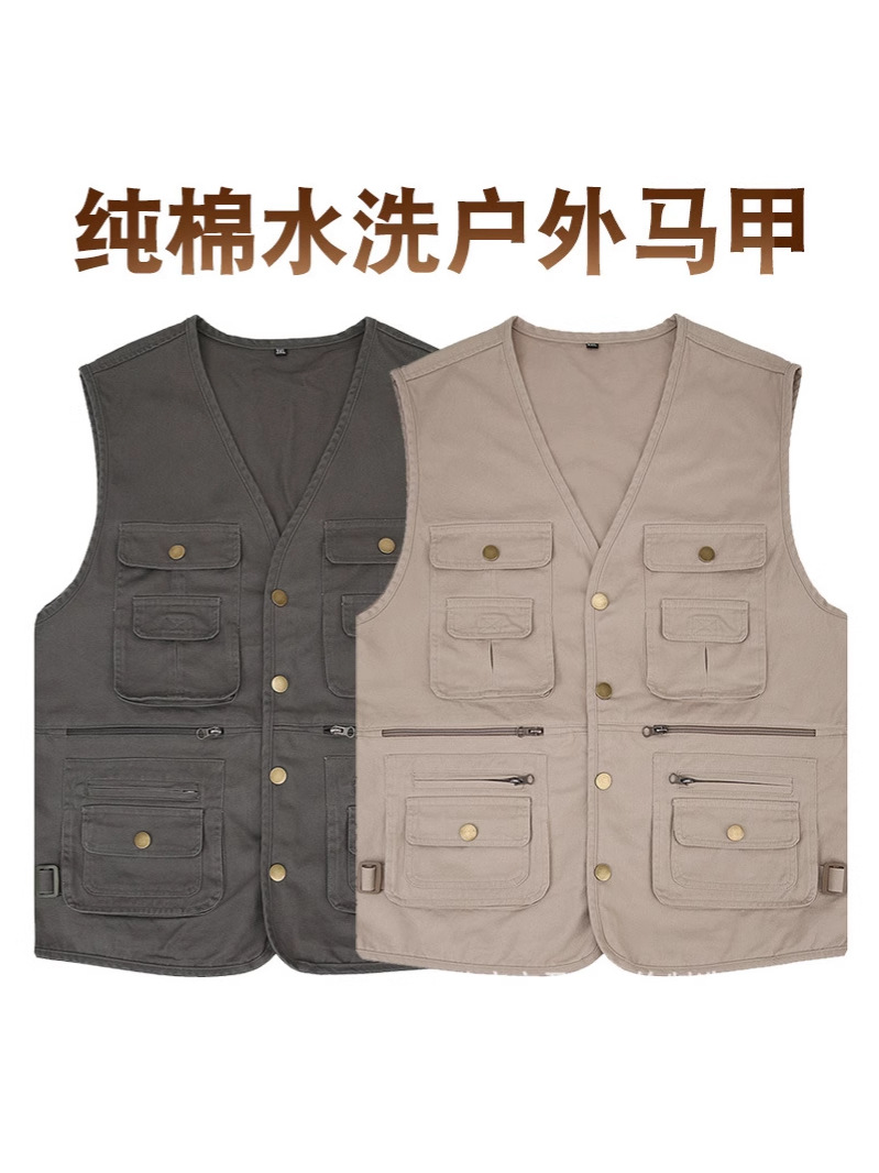 Chaleco de pesca y trabajo para hombre, multibolsillos, de algodón puro lavado, para fotografía transfronteriza y actividades al aire libre.