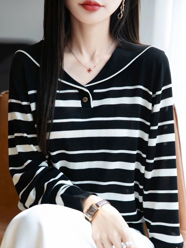 Camiseta de punto a rayas de cuello marino suéter coreano suéter de reducción de edad camisa de base suelta con solapa de luces de manga larga camisa de mujer image 6