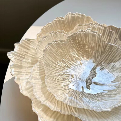 Nordic Flower Crystal Glass Fruit Bowl Set for Home, High-end Snack Plate, Pearlescent Simple Candy Plate