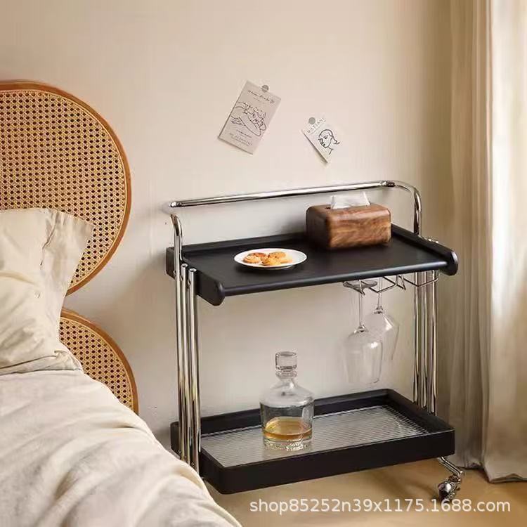 中古实木茶几可移动沙发边几胡桃色复古边柜客厅小推车床头置物架|undefined