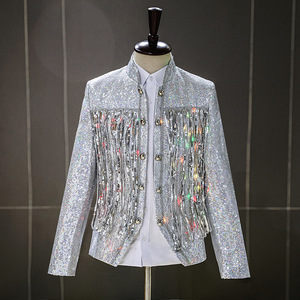 Men's silver sequins jazz dance coats male singer bang performance jackets host choir stage performance chorus sequins bar handsome suit jacket for man