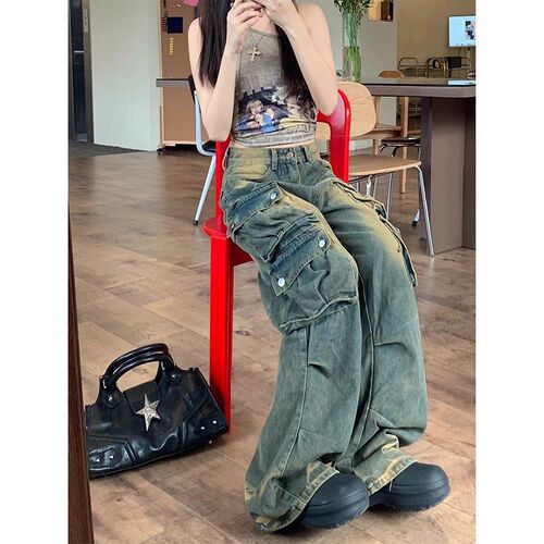 High-street retro multi-pocket design workwear jeans for women, high-waisted loose drape wide-leg long pants, Instagram trendy