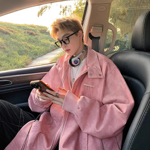 Pink Distressed Leather Jacket for Men 2025 Autumn and Winter New Style Double Zipper Handsome Loose Pu Leather Jacket Cotton Jacket