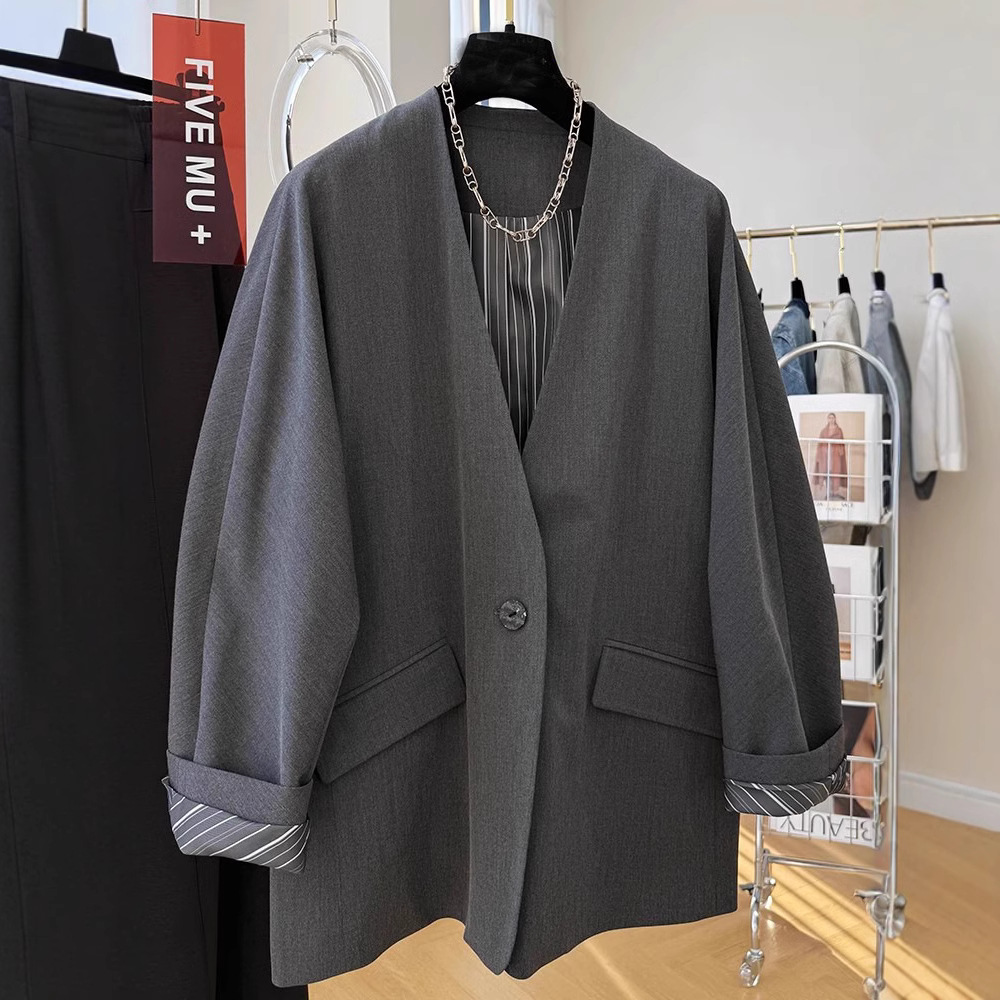 V-Neck Casual Suit Jacket Women's 2025 Spring New Korean Style Elegant Loose Lazy Style Fashionable Suit Top
