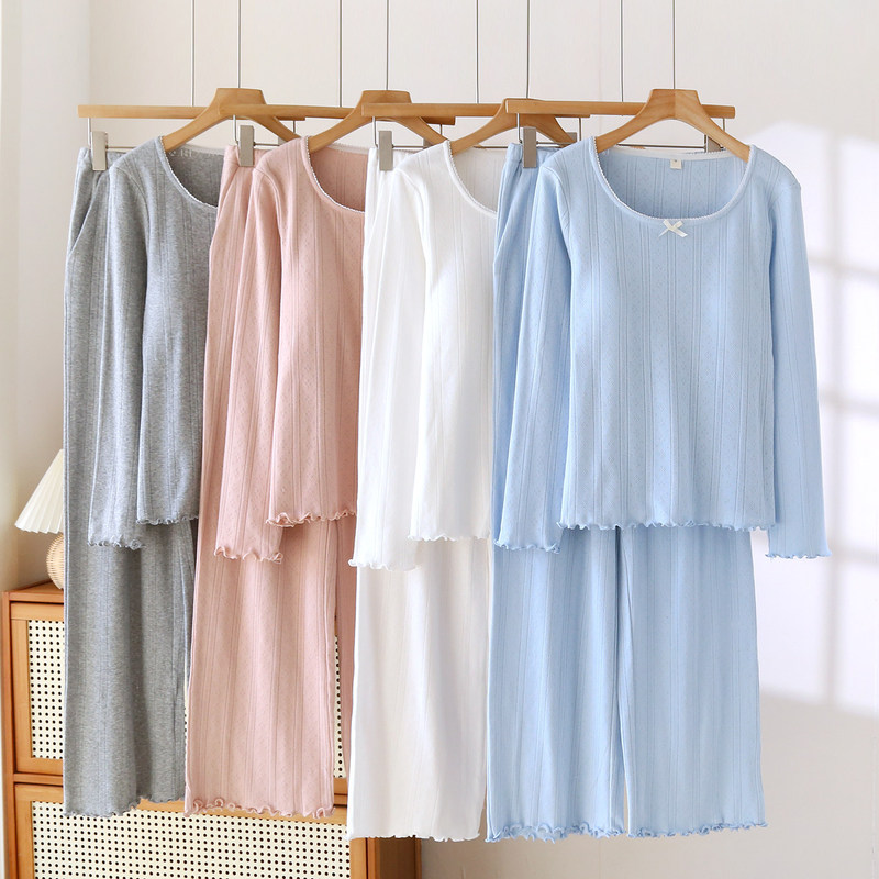 Pure Cotton Pajamas with Breast Pads for Women, Knitted Jacquard Pullover Home Wear, Long-Sleeved Suit, Spring and Autumn, Sweet and Simple, Can Be Worn Outside
