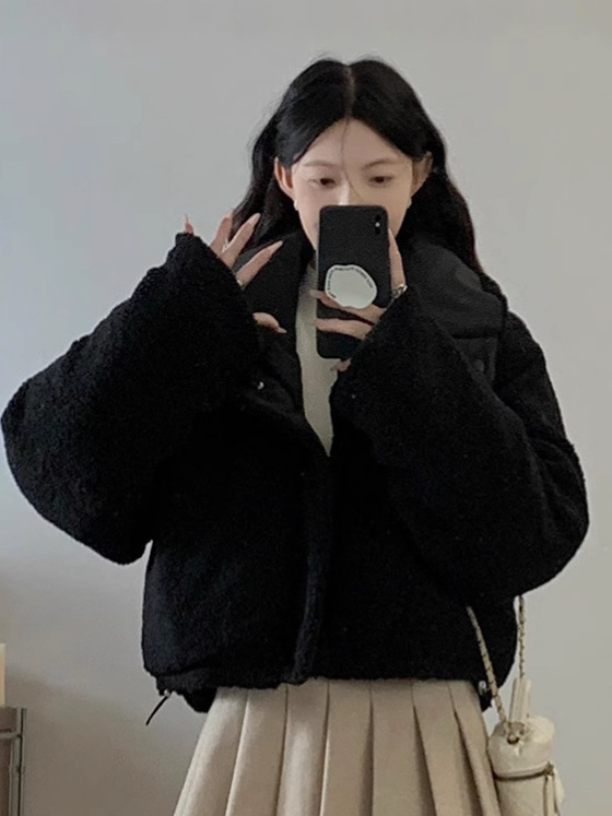 学院风翻领外套女韩版仿羊羔毛羽绒棉服宽松双面穿面包服外搭棉衣|undefined