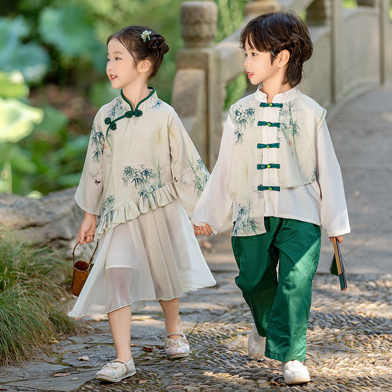 中国风古风国学时尚洋气唐装春季新品墨竹男女款新国风潮童表演服