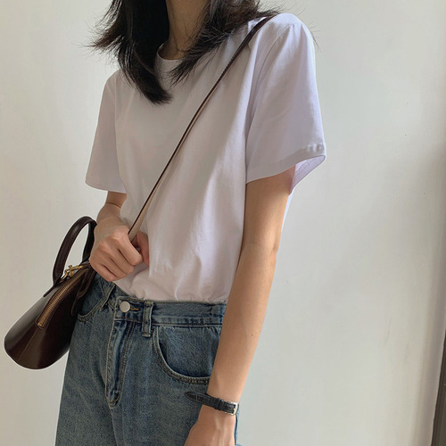 Pure cotton white short-sleeved T-shirt for women, summer top with round neck, Instagram-style trendy innerwear, Korean-style base layer, outerwear, heavyweight, wholesale, spliced design.