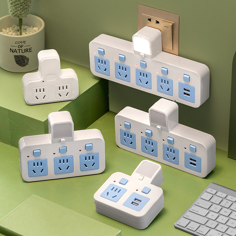 公年家纯铜插头转换器插座USB带夜灯独立开关一转多孔家用插排板