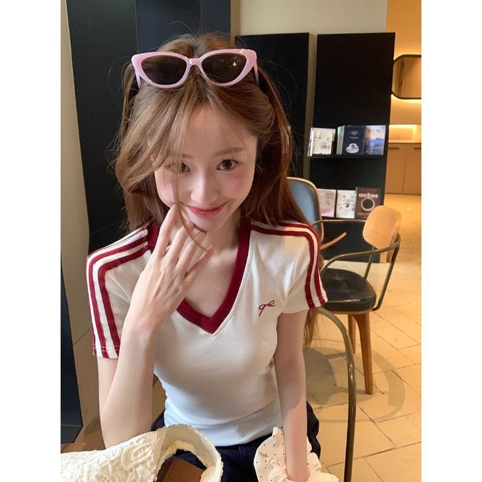 リボン甘辛スレッドショルダーVネック半袖Tシャツレディース夏スリムカラーブロックアメリカンホットガール刺繍トップトレンディ|undefined
