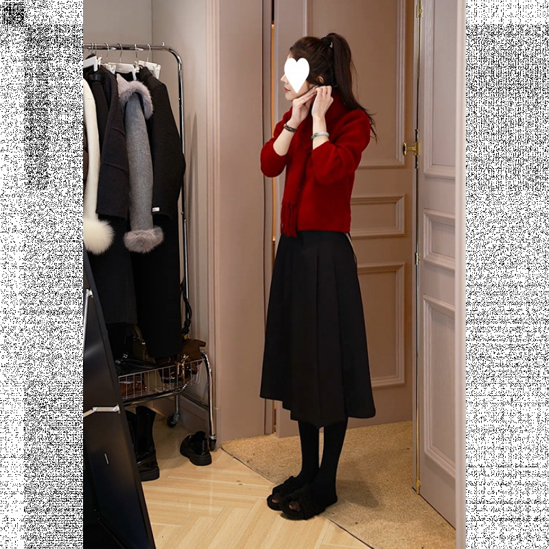 가을 여성의 2025 새로운 한국식 탈착식 스카프 스웨터 올 매치 슬리밍 오버 스커트 투피스 세트