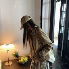 复古拼接格纹夹克外套秋季卡其色新款设计小个子百搭宽松上衣