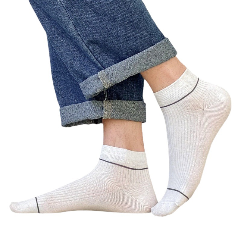 Calcetines finos de algodón puro absorbentes del sudor y sin olor para hombre, calcetines deportivos transpirables de longitud media, calcetines casuales a rayas de color sólido para verano y otoño
