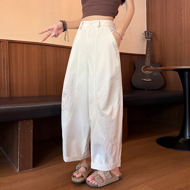 Off-White Wide-Leg Cropped Pants for Women, 100% Washed Cotton, Summer Thin Style, High-Waisted, Slimming Casual Pants for Petite Figures Off-White Wide-Leg Cropped Pants for Women, 100% Washed Cotton, Summer Thin Style, High-Waisted, Slimming Casual Pants for Petite Figures