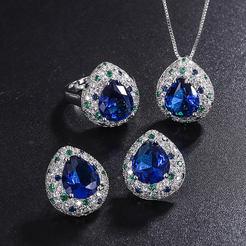 Zhuang Sheng Sheng Jewelry Western European Style Imitation Tanzanite Sapphire Drop-Shaped Color-Matched Ring Earrings Pendant Set 10*12