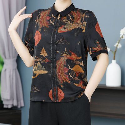 Short sleeved T-shirt Summer wear jacket Western style 2022 new pattern Middle and old age summer gambiered Guangdong gauze Mom outfit Large