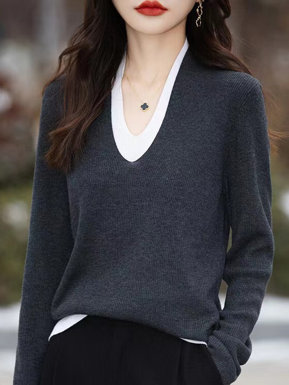 哥家商场同款女装2025秋季内搭显瘦假两件设计感撞色针织打底衫|undefined