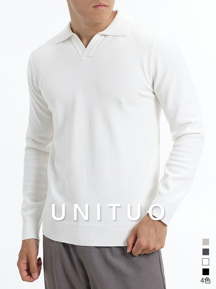 Lujo ligero viejo estilo gaviota cuello polo negro de manga larga hombre casual versátil delgado fondo camiseta lana