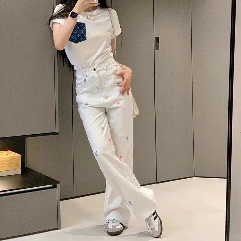 白色小香风牛仔裤女2025年秋季高腰刺绣小众设计感窄版宽松直筒裤|undefined