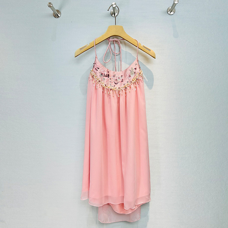 Vietnamese Niche Designer Embroidered Beaded Pink Suspender Skirt Chinese Style Sexy Backless Travel Dress Spring and Summer Vietnamese Niche Designer Embroidered Beaded Pink Suspender Skirt Chinese Style Sexy Backless Travel Dress Spring and Summer