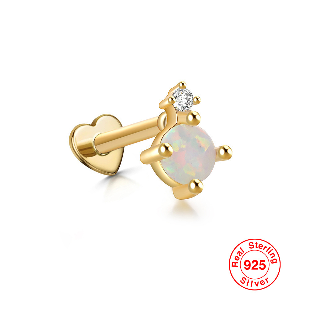 S925 plata esterlina ópalo diamante incrustado en forma de corazón hilo piercing oído hueso Stud Europea y Americana Venta caliente de alta calidad pendientes