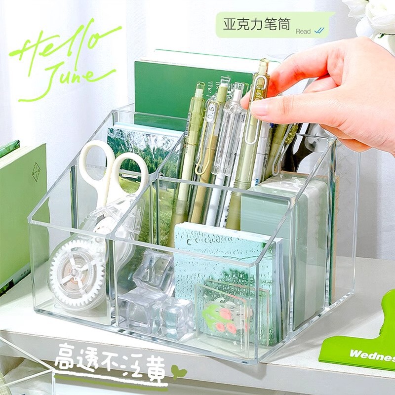 High-value acrylic transparent five-grid pen holder large-capacity girls primary school students desk stationery storage box makeup brush
