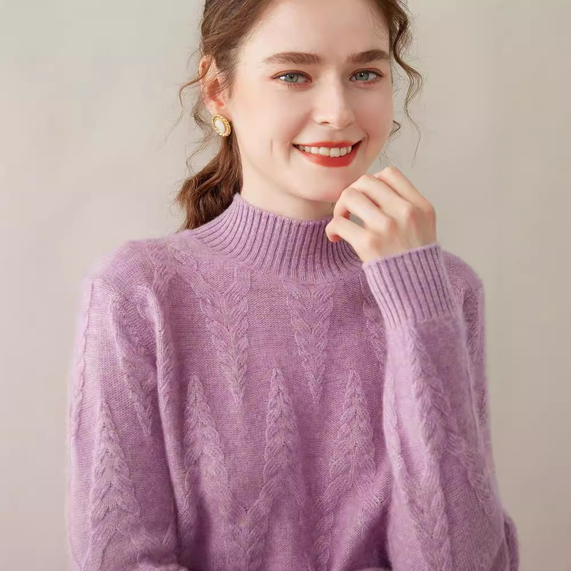 New Seven-stitch Cashmere Thickened Christmas Tree Flower Half-turtleneck Pullover Sweater Women's Fashion All-match Knitted Sweater